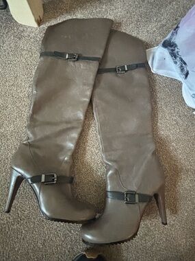 Women's Tall Buckle Heel Boots in Taupe